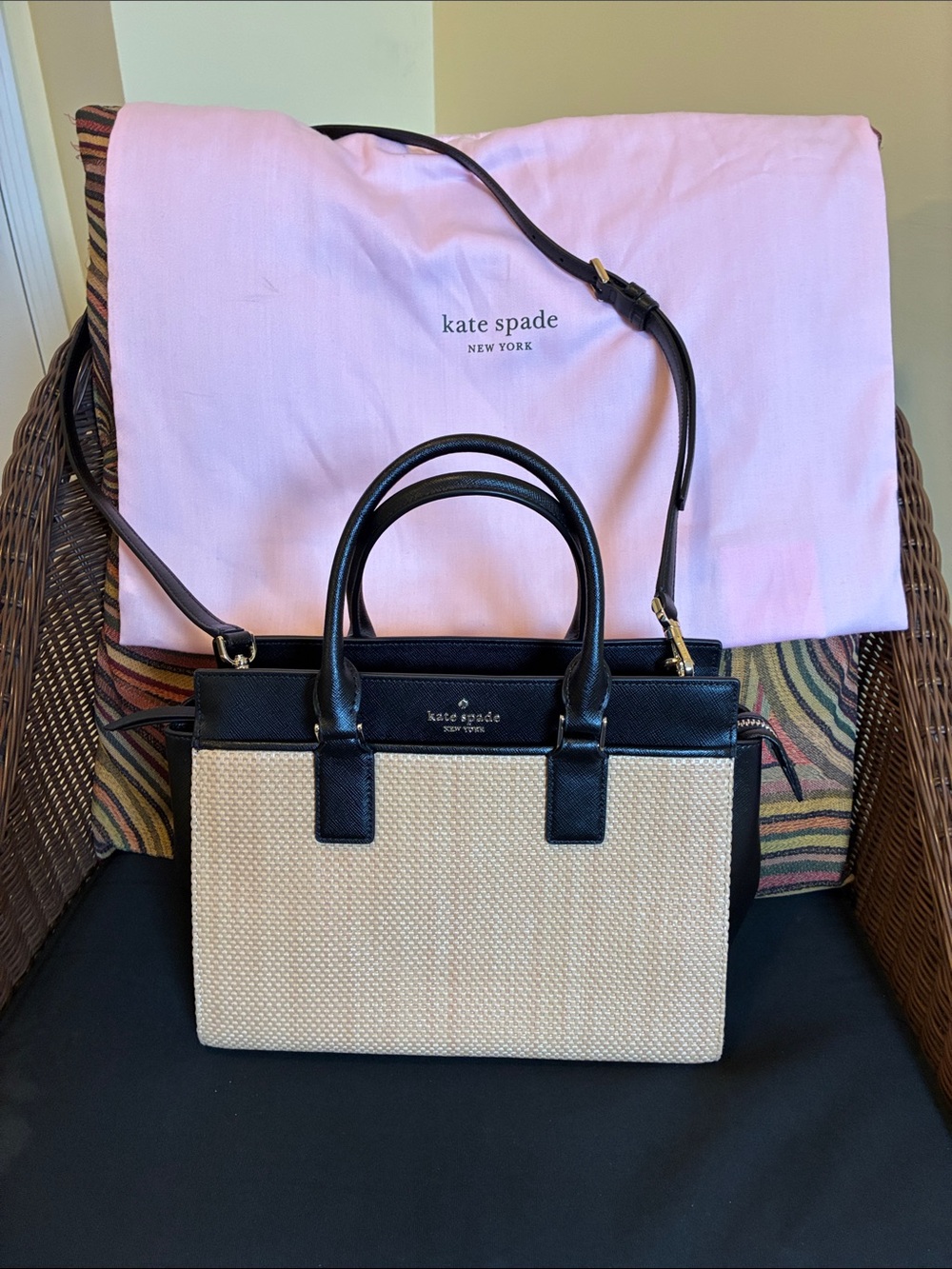 kate spade Black Leather & Natural Straw Satchel